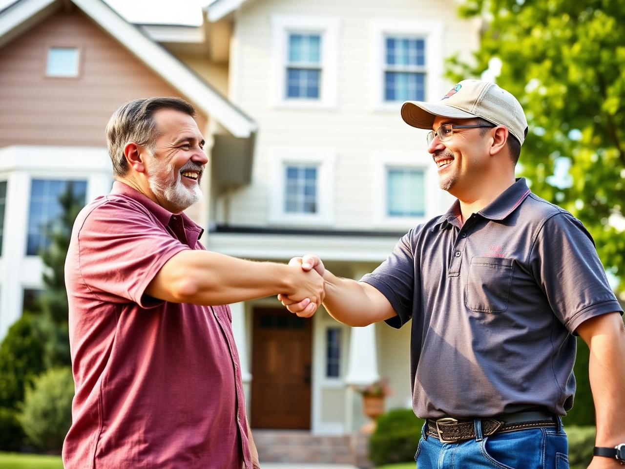 Roofing contractor shaking hands with happy homeowner